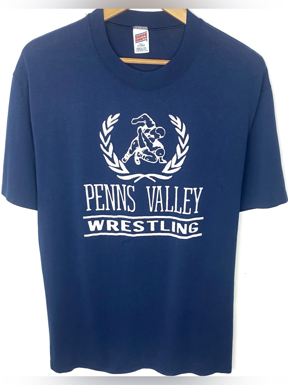 Vintage 80’s Penn’s Valley Wrestling Navy Blue Single Stitch T Shirt Made In USA
